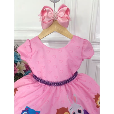 Vestido Infantil Rosa Bolofofos Florido C/ Cinto de Pérolas