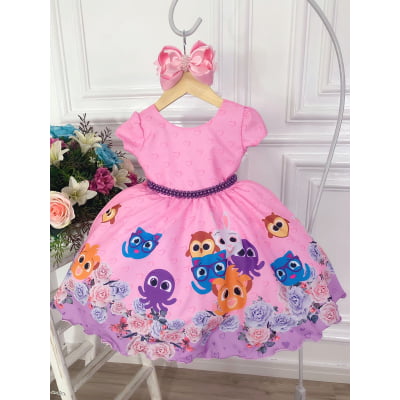 Vestido Infantil Rosa Bolofofos Florido C/ Cinto de Pérolas