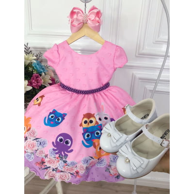 Vestido Infantil Rosa Bolofofos Florido C/ Cinto de Pérolas