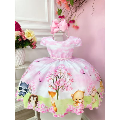 Vestido Infantil Rosa Bosque Encantado dos Animais Festas