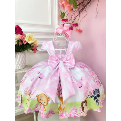 Vestido Infantil Rosa Bosque Encantado dos Animais Festas