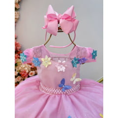 Vestido Infantil Rosa C/ Aplique Borboletas e Flores Festas