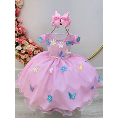 Vestido Infantil Rosa C/ Aplique Borboletas e Flores Festas