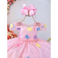 Vestido Infantil Rosa C/ Aplique Borboletas Flores Pérolas