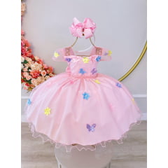 Vestido Infantil Rosa C/ Aplique Borboletas Flores Pérolas