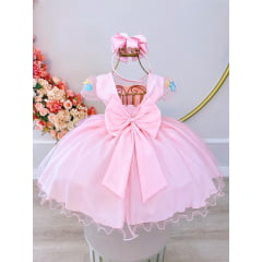 Vestido Infantil Rosa C/ Aplique Borboletas Flores Pérolas