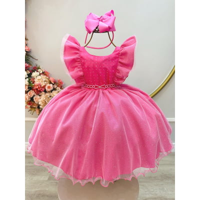 Vestido Infantil Rosa Chiclete Princesa Aurora Bela Adormecida