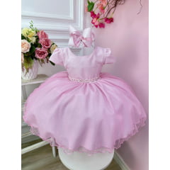 Vestido Infantil Rosa Claro Busto C/ Strass e Saia Glitter