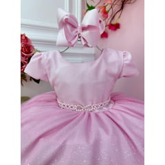 Vestido Infantil Rosa Claro Busto C/ Strass e Saia Glitter