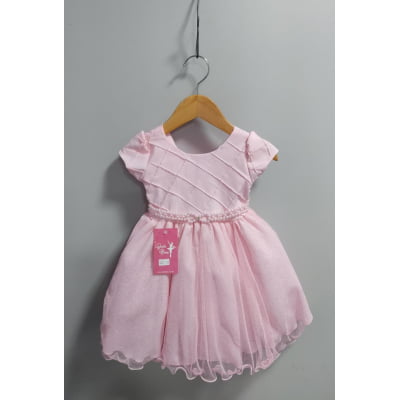 Vestido Infantil Rosa Claro C/ Busto Nervura Daminhas Festas