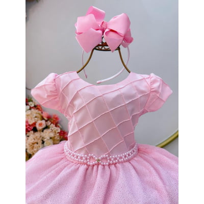 Vestido Infantil Rosa Claro C/ Busto Nervura Daminhas Festas