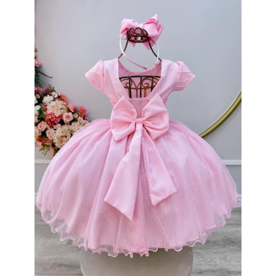 Vestido Infantil Rosa Claro C/ Busto Nervura Daminhas Festas