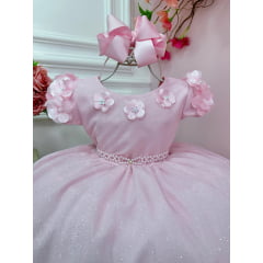 Vestido Infantil Rosa Claro Com Apliques de Flores Daminha