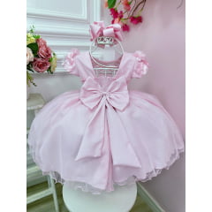 Vestido Infantil Rosa Claro Com Apliques de Flores Daminha