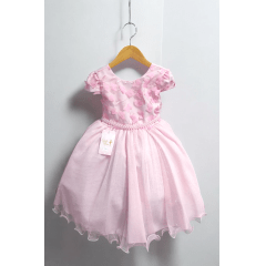 Vestido Infantil Rosa Claro Saia C/ Glitter e Apliques Flores