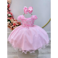 Vestido Infantil Rosa Claro Saia C/ Glitter e Apliques Flores