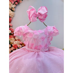 Vestido Infantil Rosa Claro Saia C/ Glitter e Apliques Flores