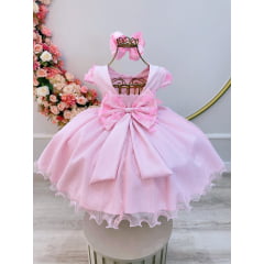 Vestido Infantil Rosa Claro Saia C/ Glitter e Apliques Flores