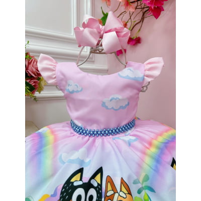 Vestido Infantil Rosa Desenho Bluey Colorido Disney Festas