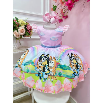 Vestido Infantil Rosa Desenho Bluey Colorido Disney Festas