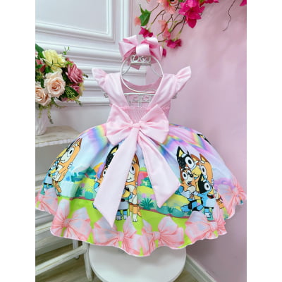 Vestido Infantil Rosa Desenho Bluey Colorido Disney Festas