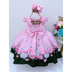 Vestido Infantil Rosa Flores e Borboletas Cinto de Pérolas