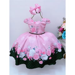 Vestido Infantil Rosa Flores e Borboletas Cinto de Pérolas