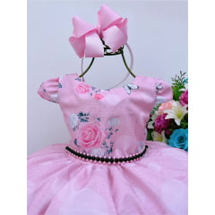 Vestido Infantil Rosa Flores e Borboletas Cinto de Pérolas