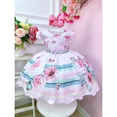 Vestido Infantil Rosa Flores Jardim das Borboletas Pérolas