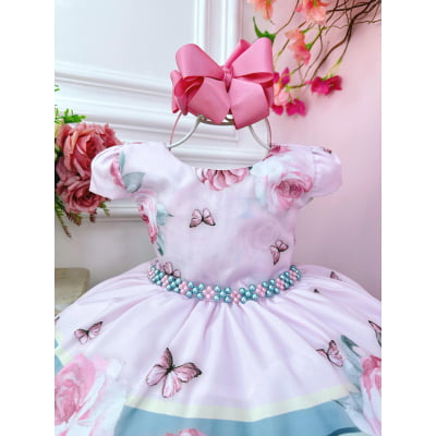 Vestido Infantil Rosa Flores Jardim das Borboletas Pérolas