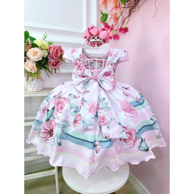 Vestido Infantil Rosa Flores Jardim das Borboletas Pérolas