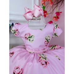 Vestido Infantil Rosa Florido Primavera Com Cinto de Pérolas