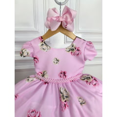 Vestido Infantil Rosa Florido Primavera Com Cinto de Pérolas