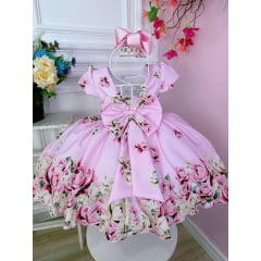 Vestido Infantil Rosa Florido Primavera Com Cinto de Pérolas