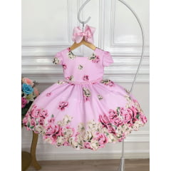 Vestido Infantil Rosa Florido Primavera Com Cinto de Pérolas