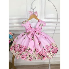 Vestido Infantil Rosa Florido Primavera Com Cinto de Pérolas