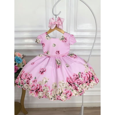 Vestido Infantil Rosa Florido Primavera Com Cinto de Pérolas