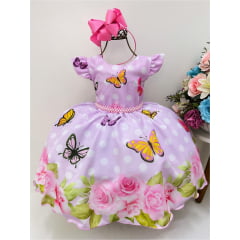 Vestido Infantil Rosa Jardim das Borboletas Cinto de Pérolas