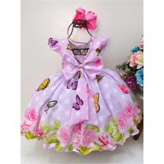 Vestido Infantil Rosa Jardim das Borboletas Cinto de Pérolas