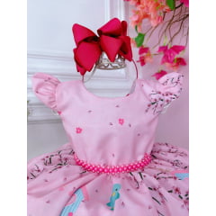 Vestido Infantil Rosa Jardim Encantado C/ Cinto de Pérolas