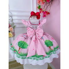 Vestido Infantil Rosa Jardim Encantado C/ Cinto de Pérolas