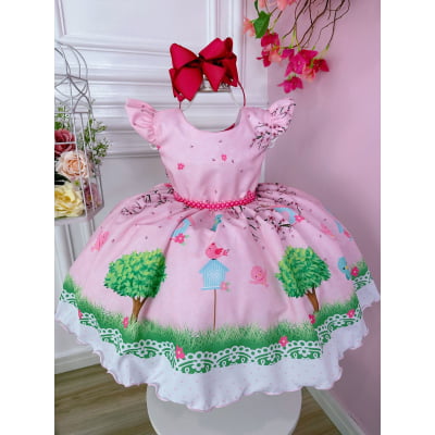 Vestido Infantil Rosa Jardim Encantado C/ Cinto de Pérolas