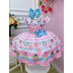 Vestido Infantil Rosa Mundo dos Doces Confeitaria C/ Broche