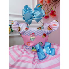 Vestido Infantil Rosa Mundo dos Doces Confeitaria C/ Broche