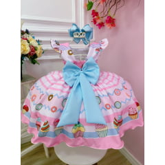 Vestido Infantil Rosa Mundo dos Doces Confeitaria C/ Broche