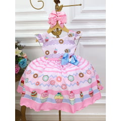 Vestido Infantil Rosa Mundo dos Doces Confeitaria C/ Broche