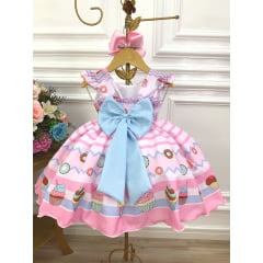 Vestido Infantil Rosa Mundo dos Doces Confeitaria C/ Broche