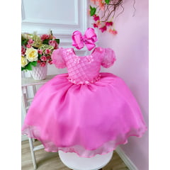 Vestido Infantil Rosa Princesas Aurora C/ Aplique de Flores