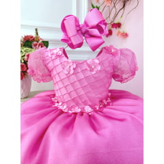 Vestido Infantil Rosa Princesas Aurora C/ Aplique de Flores
