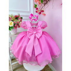 Vestido Infantil Rosa Princesas Aurora C/ Aplique de Flores